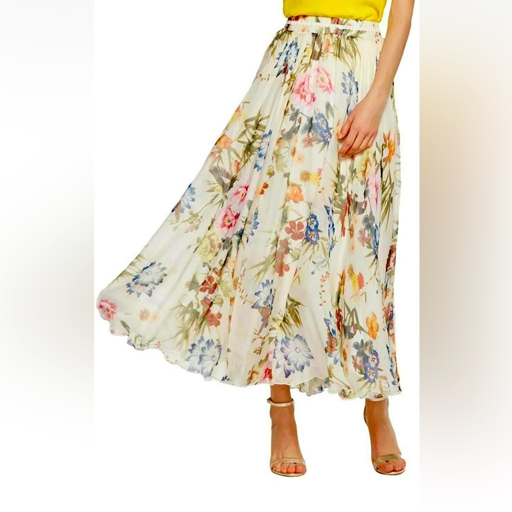 Women's Elegant Summer Full Length Boho Floral Print Pleated Chiffon Skirt